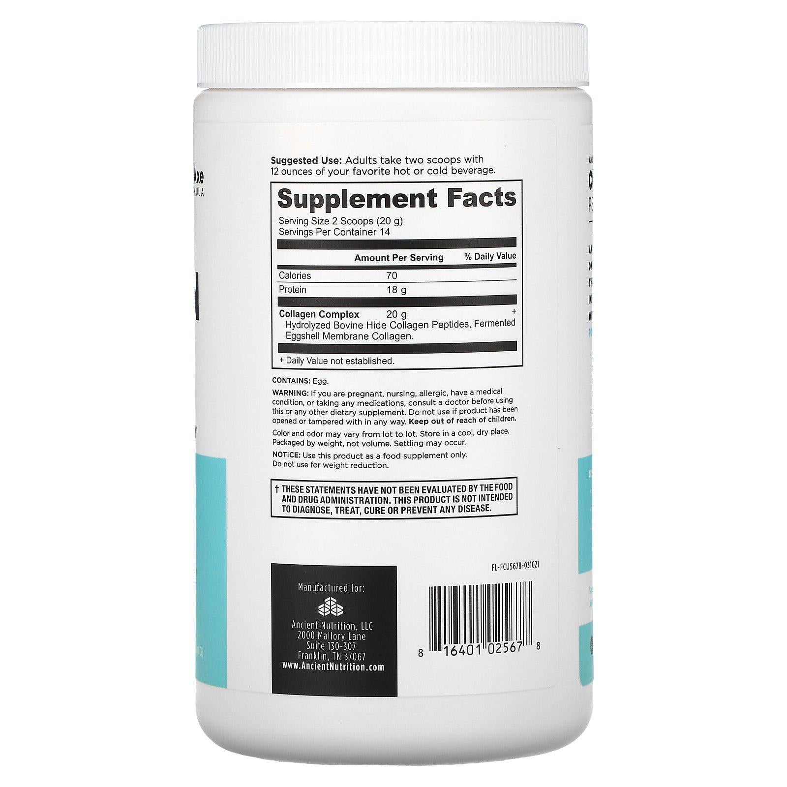 Ancient Nutrition Collagen Peptides Protein Powder UnflavoreD, 9.88 OZ