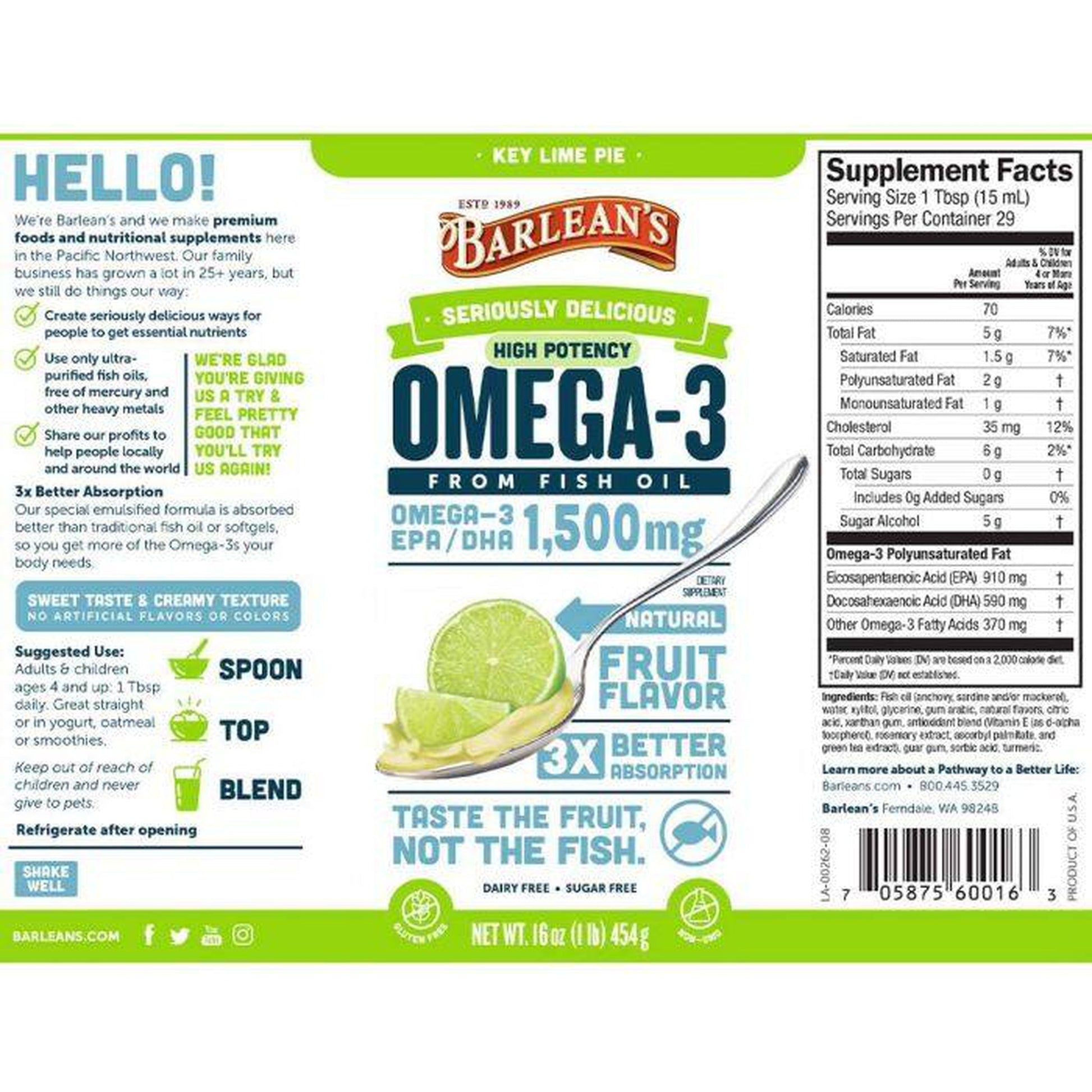 Barlean's High Potency Omega 3, Key Lime Pie, 1500 mg, 16 oz