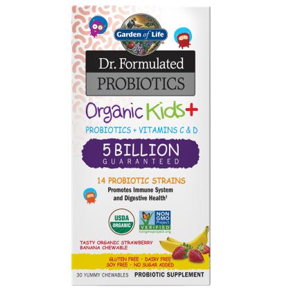 Dr. Formulated Probiotics Organic Kids+Strawberry Banana 5 Billion CFU, 30 Chewables