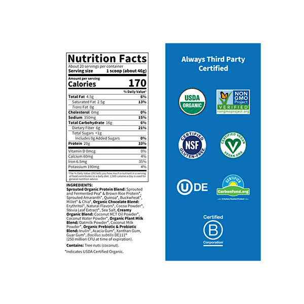 Garden of Life Organic Creamy Protein w/ Oatmilk Powder, Chocolate Brownie, 920g