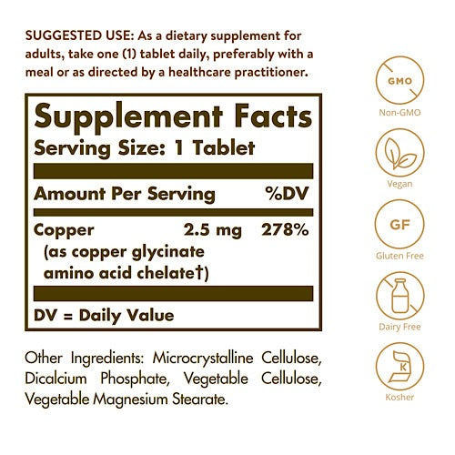Solgar, Chelated Copper, 100 Tablets 2.5 mg per Tablet
