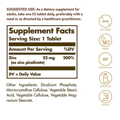 Solgar, Zinc Picolinate, 22 mg, 100 Tablets