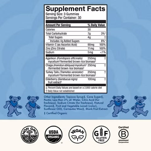 Host Defense Beary Well Grateful Dead Mushroom Gummies Agarikon,Turkey Tail, Chaga, Elderberry, Vitamin C & Zinc Immune Support,90 count
