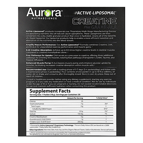 Aurora Nutrascience, Active Liposomal Creatine Plus GAA & R-ALA, 30 Packets, 0.63oz ea