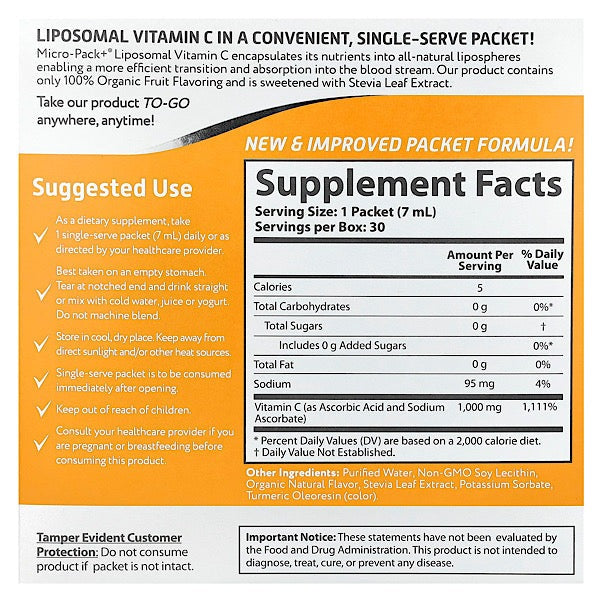 Aurora Nutrascience, Micro-Pack+ Liposomal Vitamin C, 1,000 mg, 30 Single-Serve Liquid Packets, 0.24 fl oz