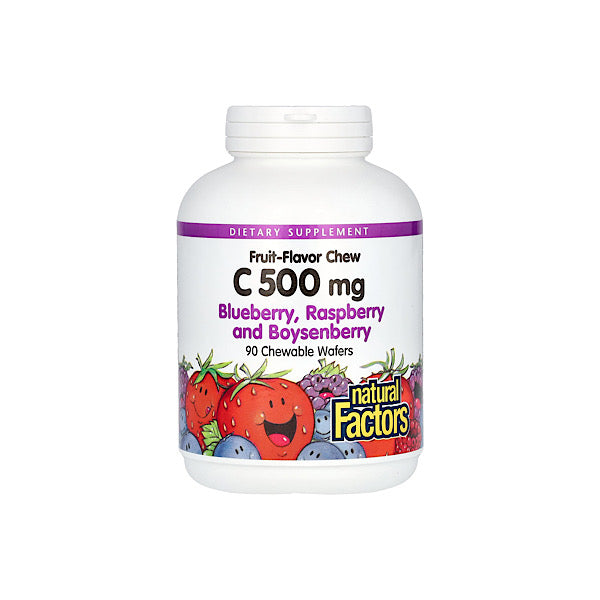 Natural Factors, Vitamin C Fruit-Flavor Chew, Blueberry, Raspberry and Boysenberry, 500 mg, 90 Chewable Wafers