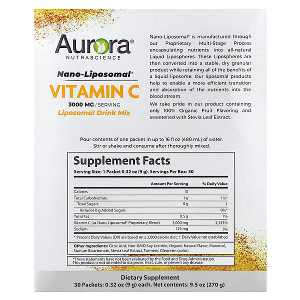 Aurora Nutrascience, Vitamin C Nano Liposomal Drink Mix, 3000mg 30ct, 9.5oz