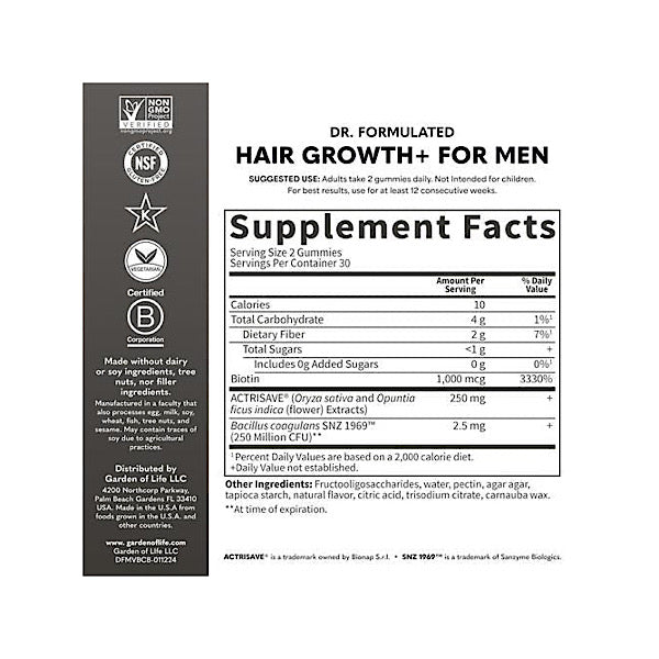 Garden Of Life Dr.Formulated Hair Growth Gummies For Mens Berry Flavor-60 Gummies
