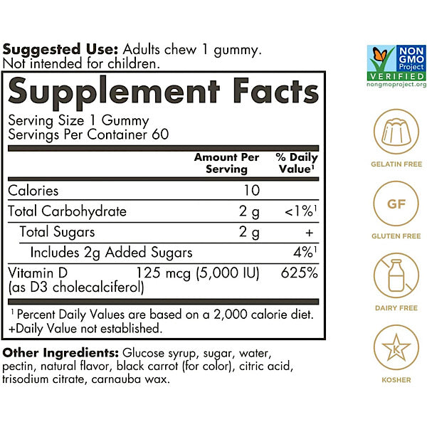 Solgar, Ultra Potency Vitamin D3 Gummies, Strawberry, 125 mcg (5,000 IU), 60 Gummies