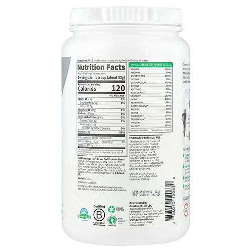 Garden of Life Sport Organic Grass Fed Whey Protein Vanilla, 22.57 oz Powder