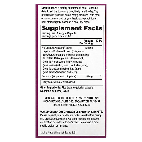 Reserveage Nutrition, Resveratrol, 100 mg, 60 Veggie Capsules