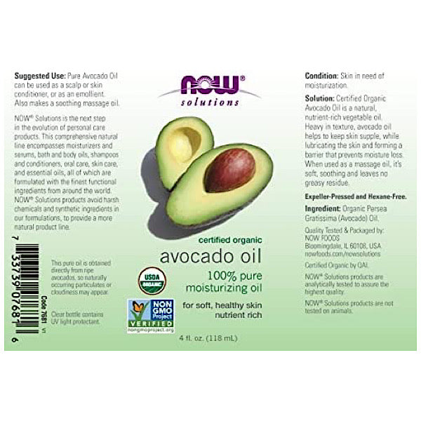 Now Foods, Avocado Oil, Organic 100% Pure Moisturizing Oil, 4 oz