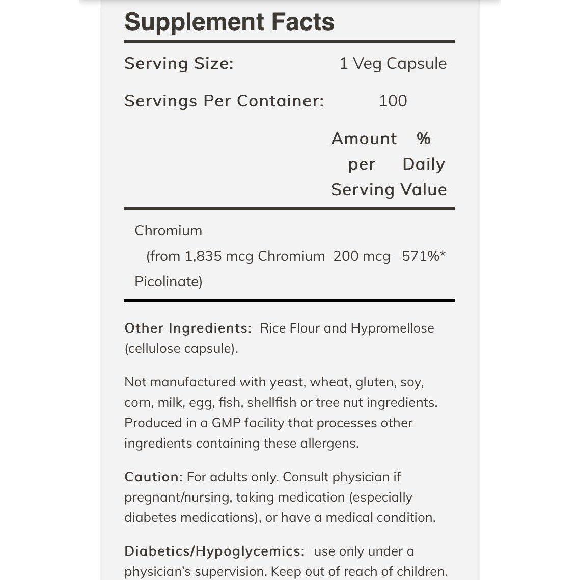 Now Foods, Chromium Picolinate 200 mcg, 100 Veg Capsules