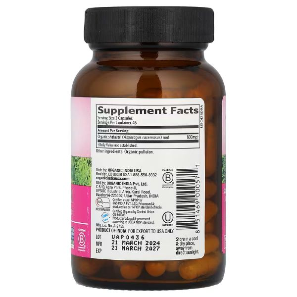 Organic India, Shatavari, 800 mg, 90 Vegetarian Caps 400 mg per Capsule