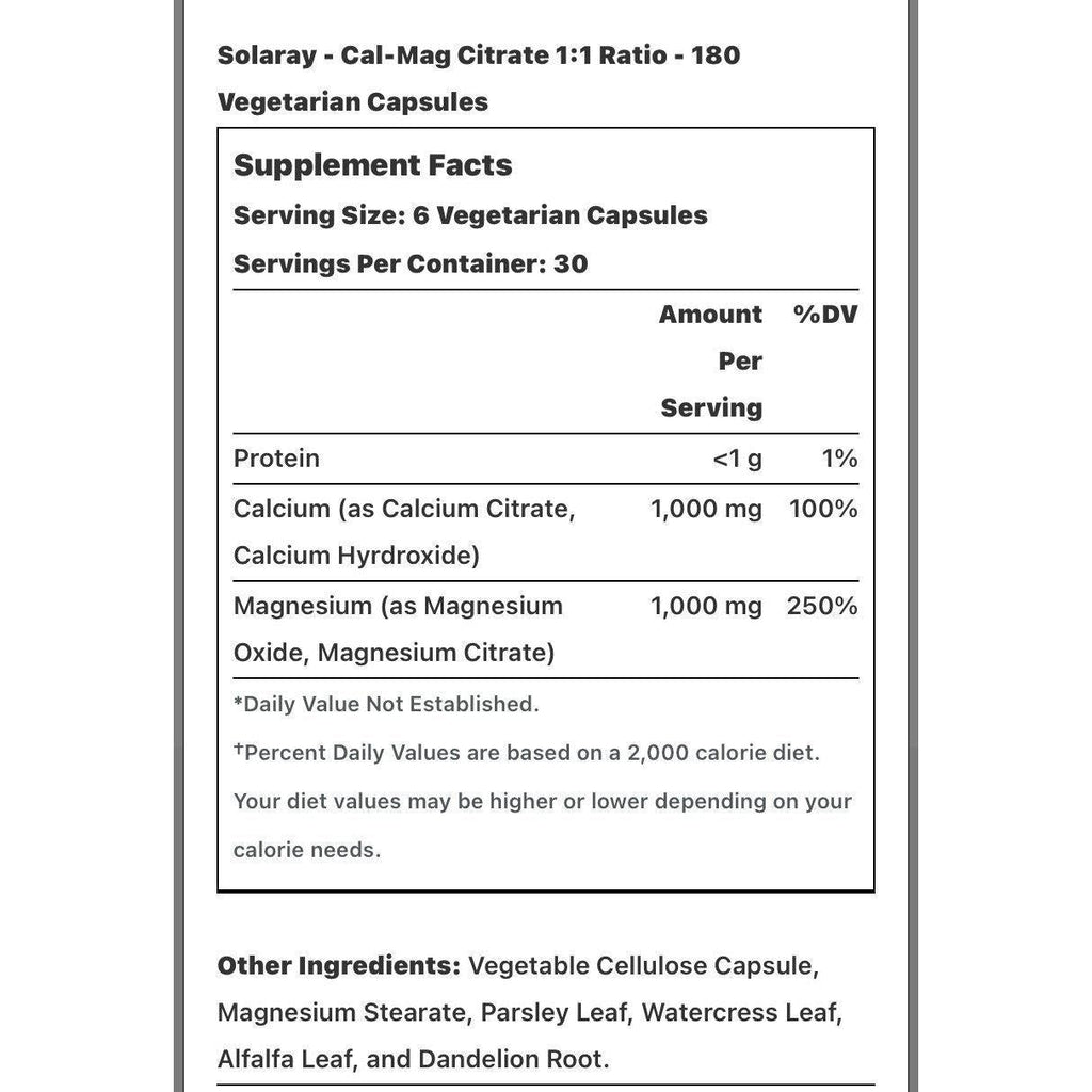 Solaray Cal-Mag Citrate 1:1 Ratio - 180 VegCaps