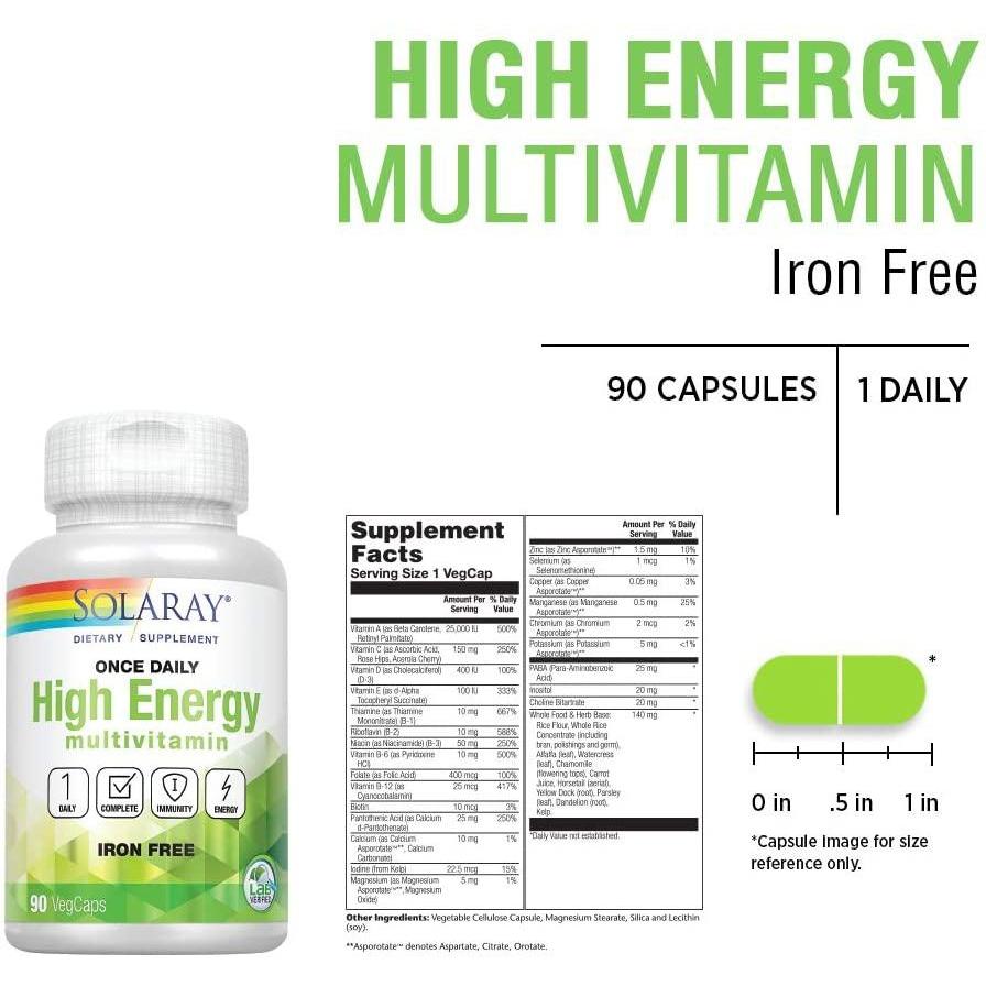 Solaray Once Daily High Energy Multivitamin, Iron Free, 90 Capsules