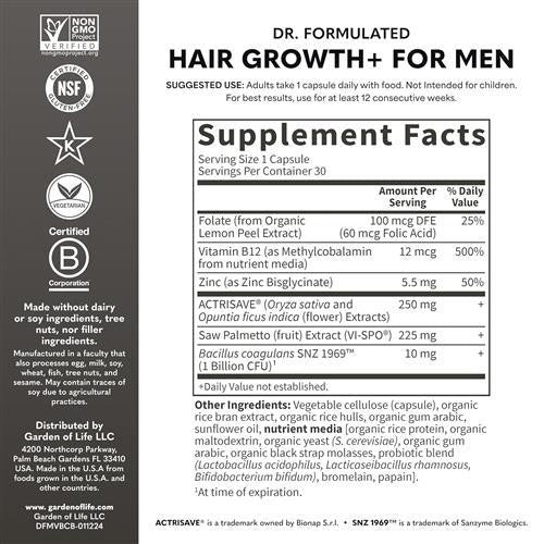 Garden Of Life, Dr. Formulated, Hair Growth+ For Men, 30 VegCaps