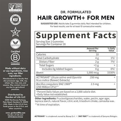 Garden Of Life Dr.Formulated Hair Growth Gummies For Mens Berry Flavor-60 Gummies