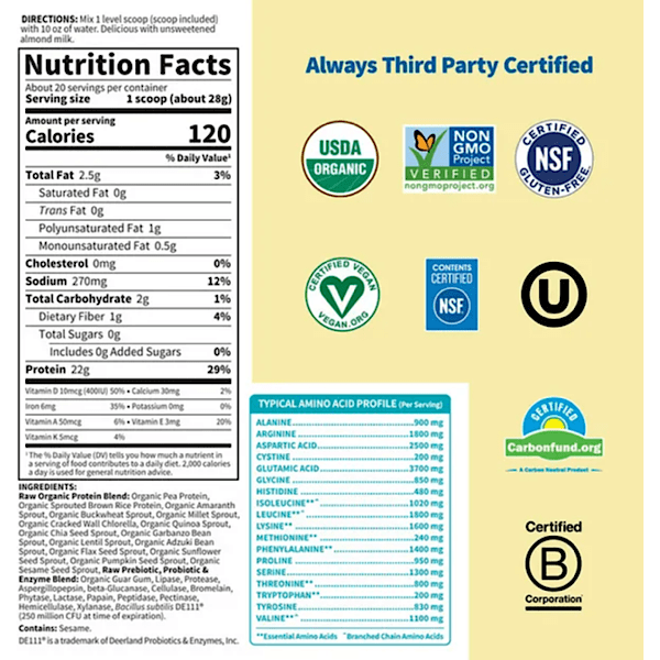 Garden of Life Raw Organic Protein Unflavored - No Stevia, 19.75 oz Powder
