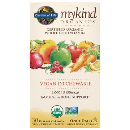 mykind Organics Vegan D3 2000 IU, Raspberry-Lemon - 30 Chewable Tablets