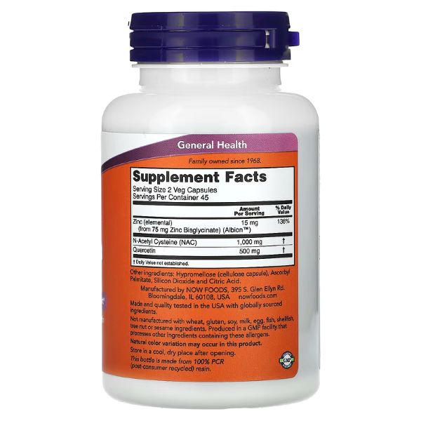 NOW Foods, NAC Quercetin & Zinc, 90 Veg Capsules